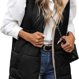 Long Black Puffer Vest with Beige Sherpa Lining